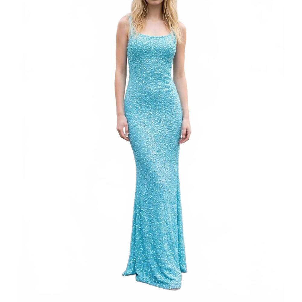 NEW ALETA textured long prom dress in light blue
